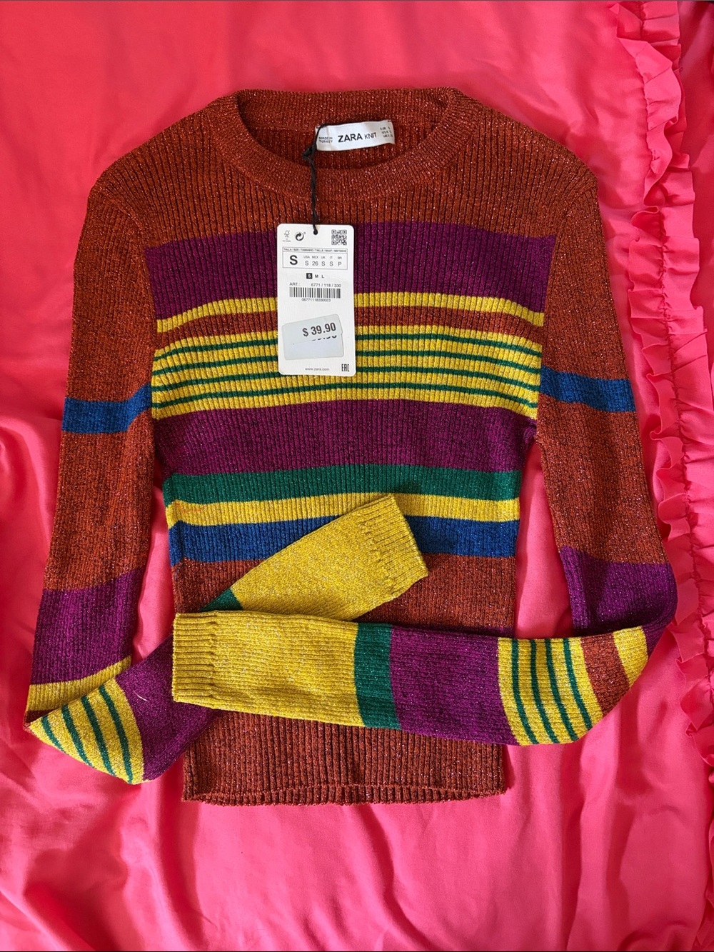 Zara Metallic Multicolor Stripe Crewneck Sweater